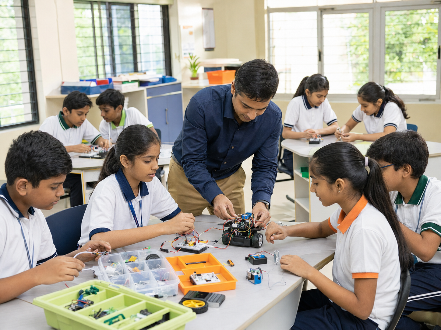 Students participating in a school STEM and robotics program