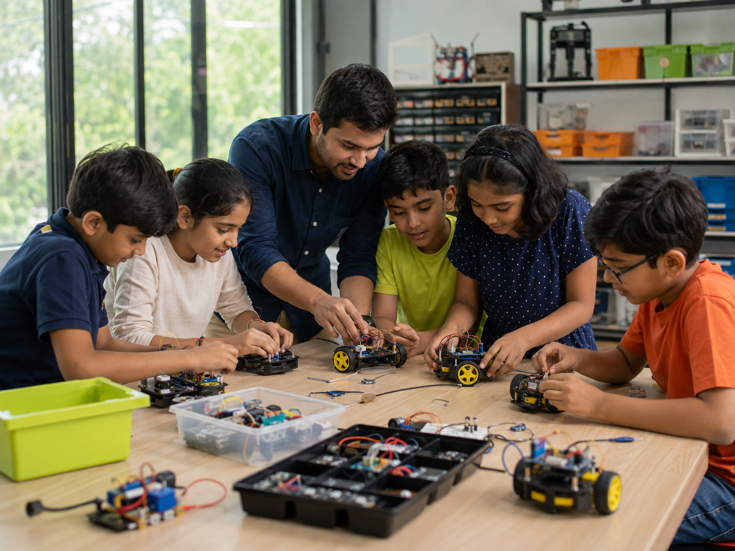 Children building robots during an R Square Robotics weekend class