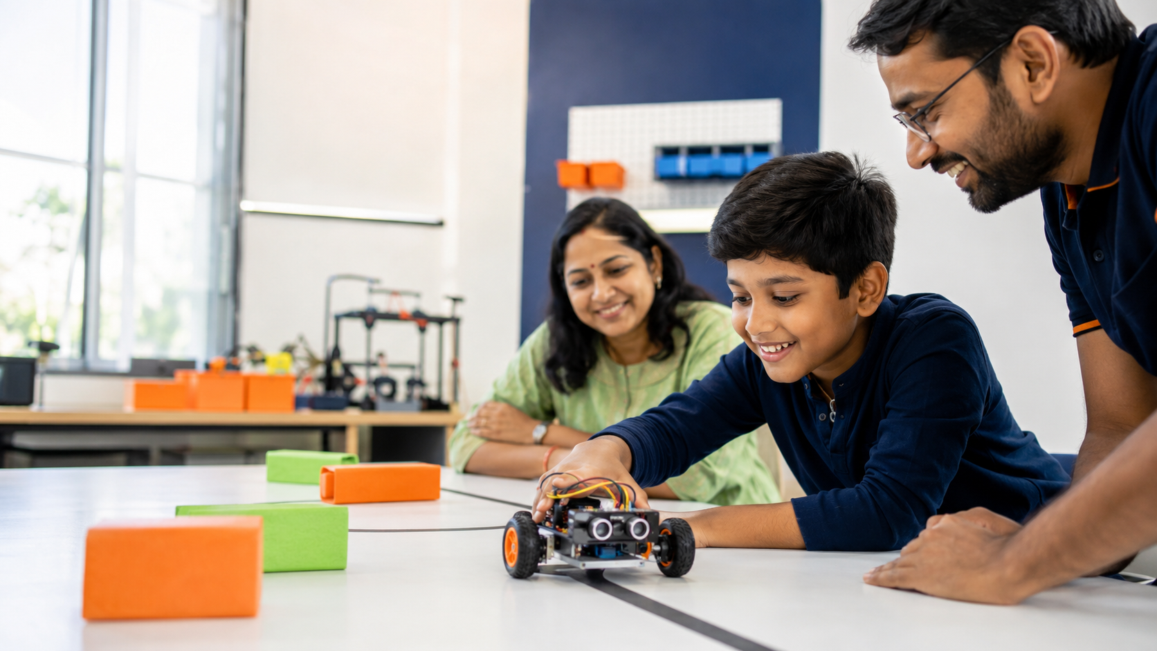 A child trying a robot during a free R Square Robotics demonstration