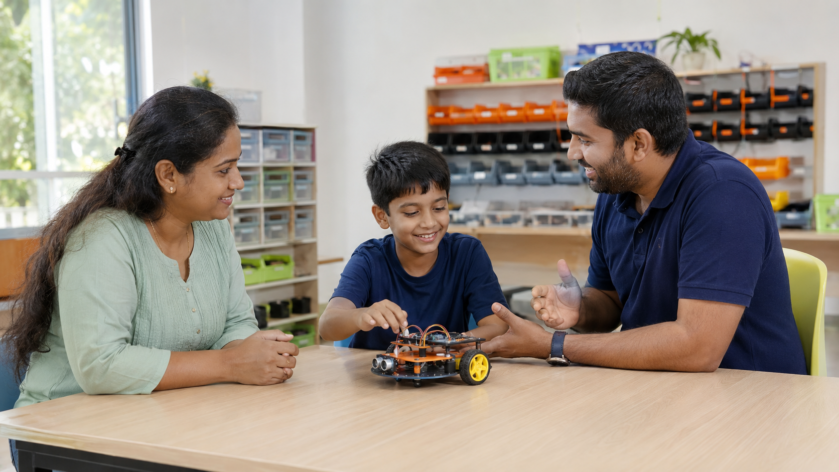 A parent speaking with a robotics educator while their child demonstrates a project
