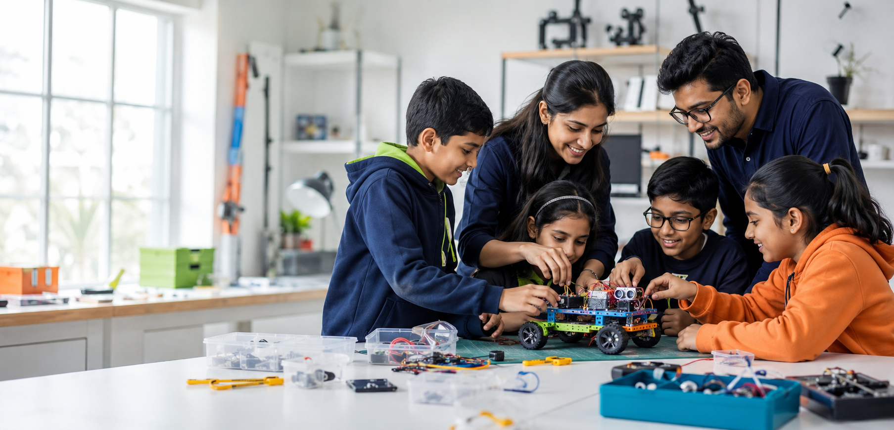 Children collaboratively building a robot in a STEM lab