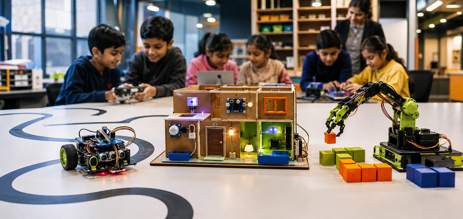 Student-built line follower, smart home and robotic arm projects
